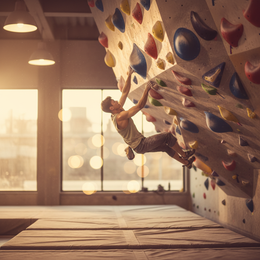 Indoor bouldering gym with colorful walls, thick crash pads, and climbers