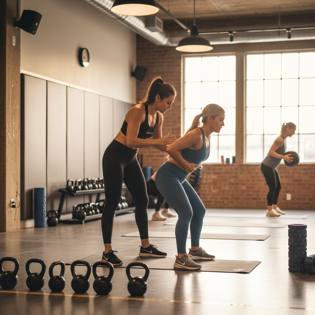 HIIT studio with safety equipment, kettlebells and mats visible