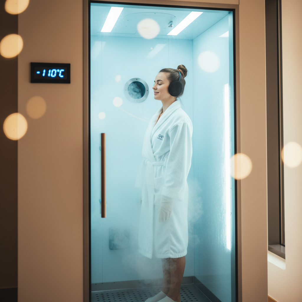 Modern wellness center with cryotherapy chamber and float pods in a clean space