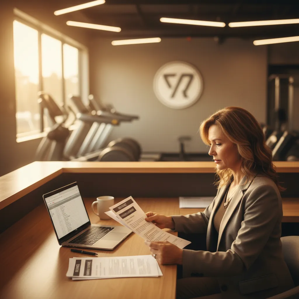 Gym owner reviewing member accident coverage documentation at a front desk