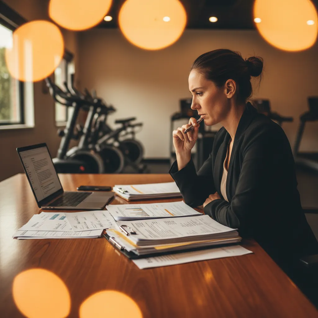 Business owner reviewing insurance policy documents at a desk with fitness equipment in the background