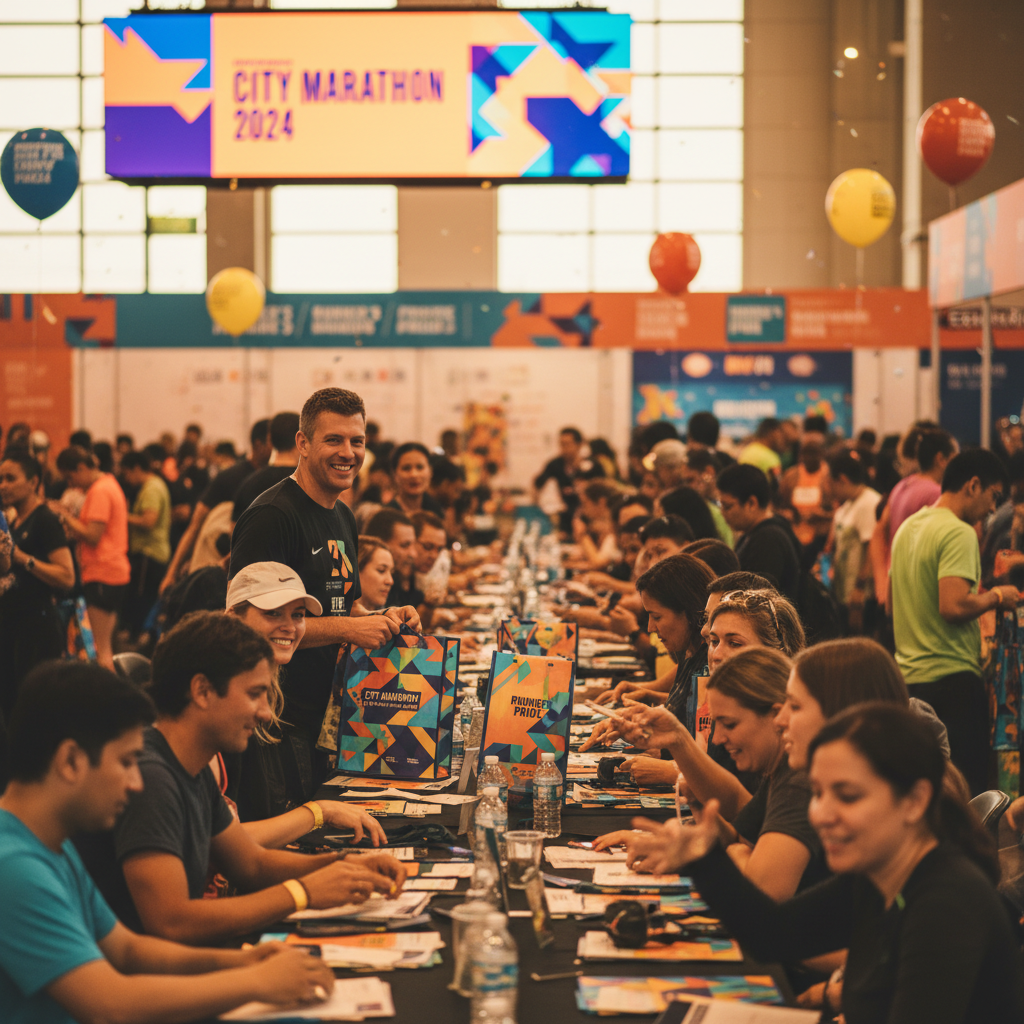 Race expo and registration desk with excited participants