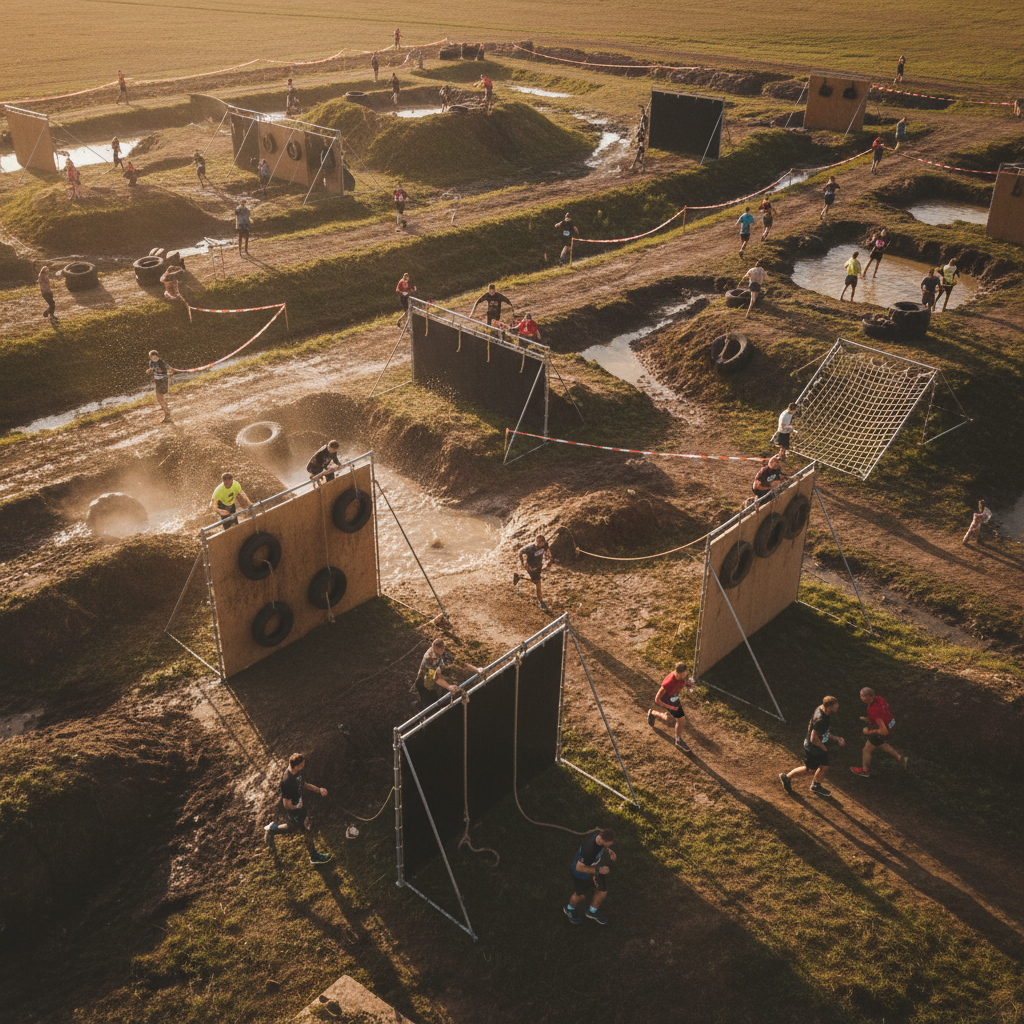 Aerial view of an obstacle course race with multiple stations spread across varied terrain