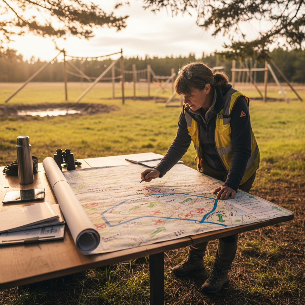 Course designer reviewing obstacle layout map with medical team positioning marked