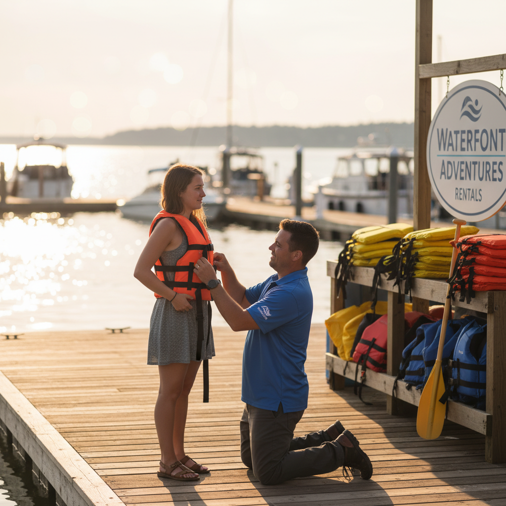 Rental operator fitting a PFD life jacket on a customer at the dock