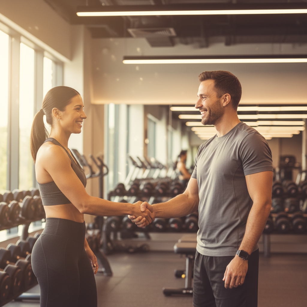Client and trainer shaking hands after a successful training session in a modern gym