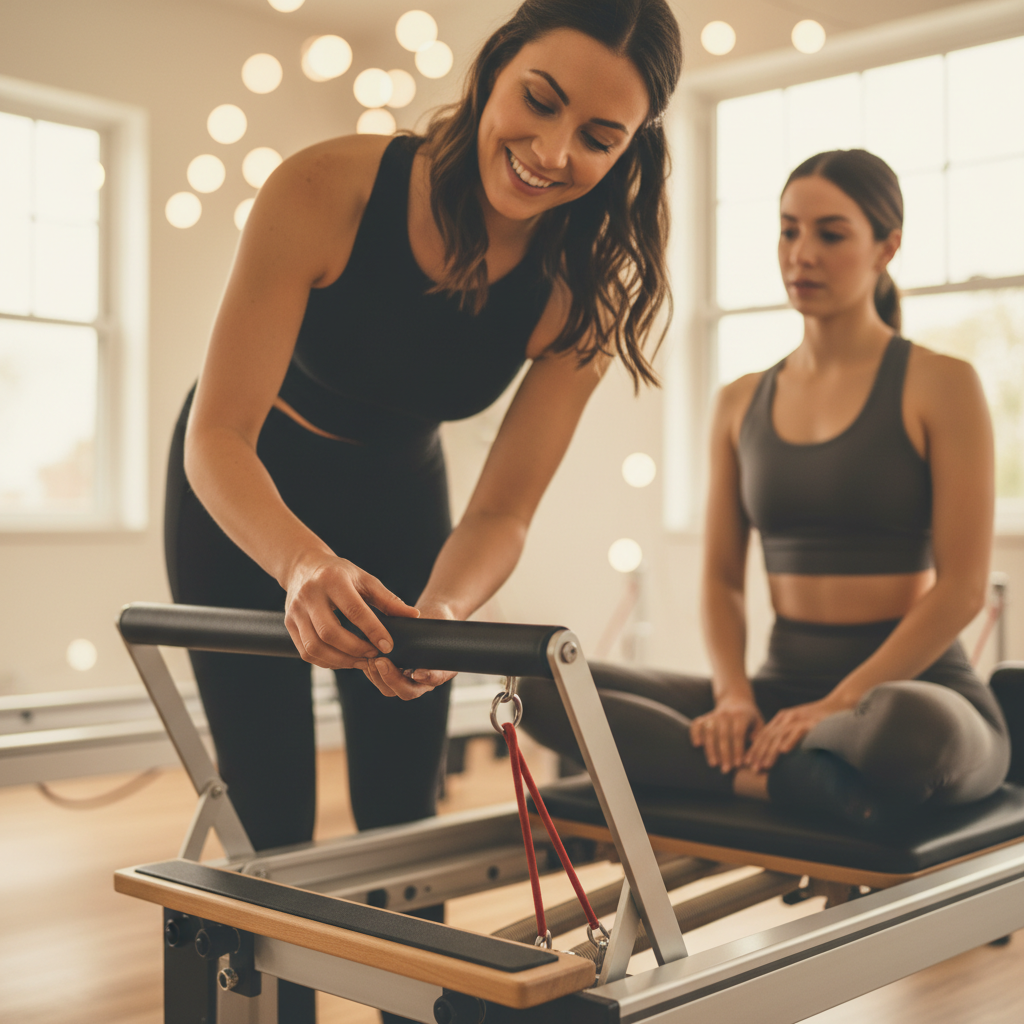 Pilates instructor adjusting spring tension on a reformer while client watches