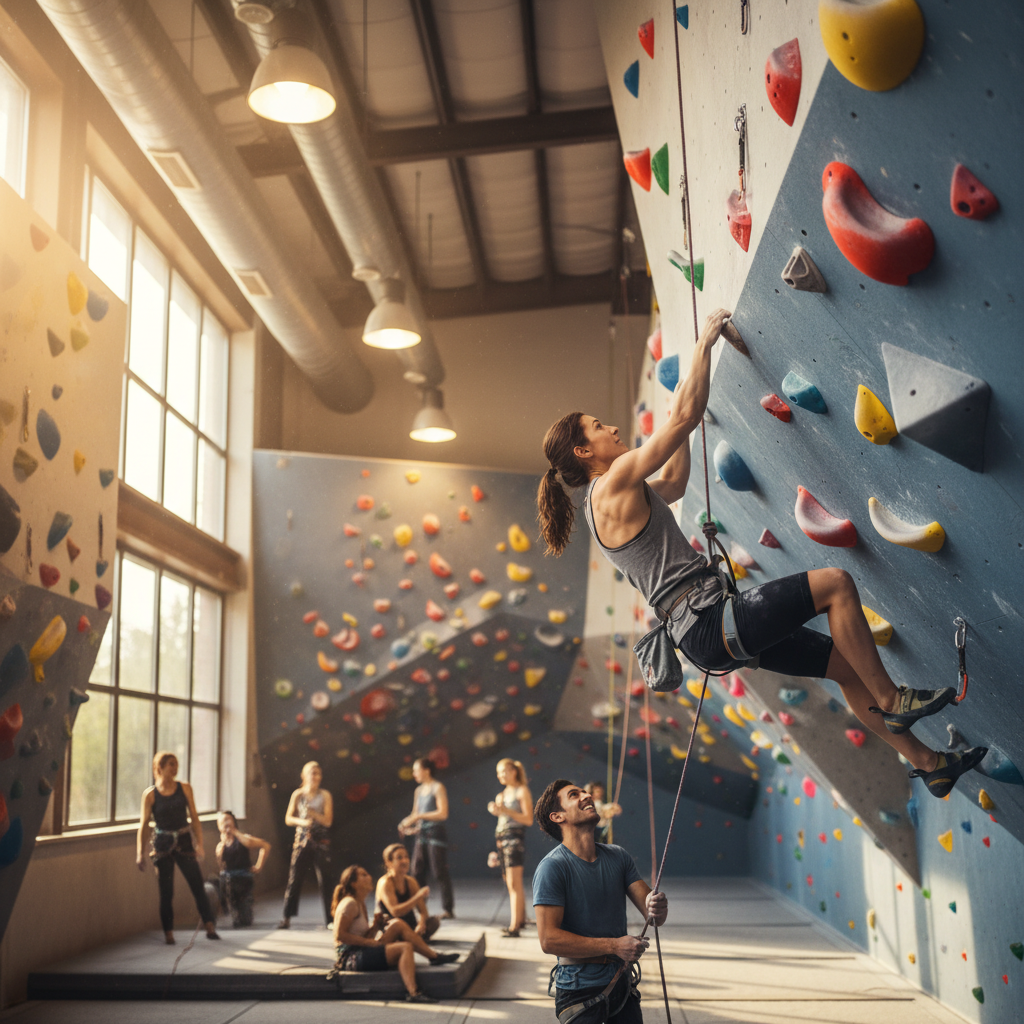 Busy climbing gym with members confidently attempting challenging routes