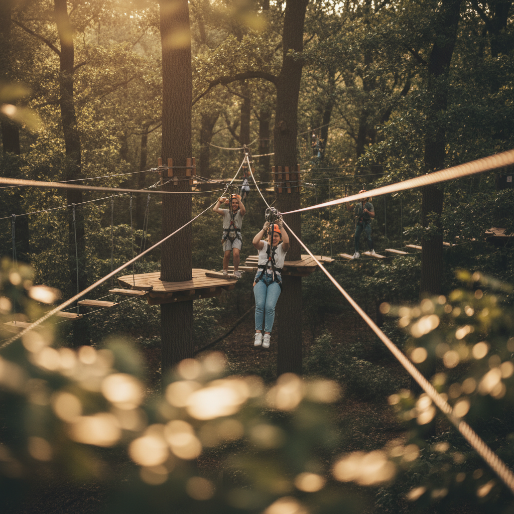 Aerial view of a zip line course through a forest canopy with safety cables visible