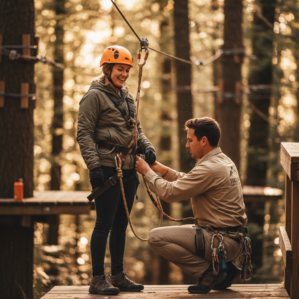 Guide fitting a full body harness on a zip line tour participant at a platform
