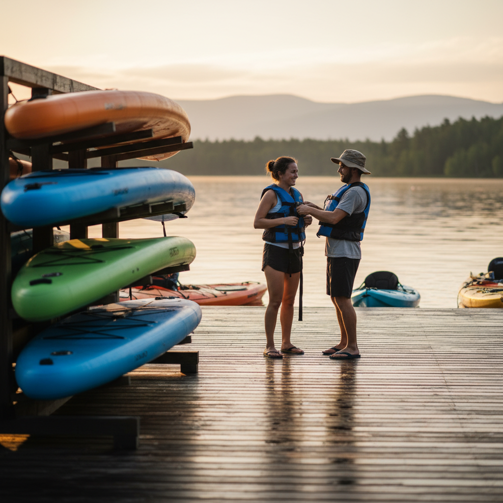 Paddleboard and kayak rental dock with equipment ready and calm water behind