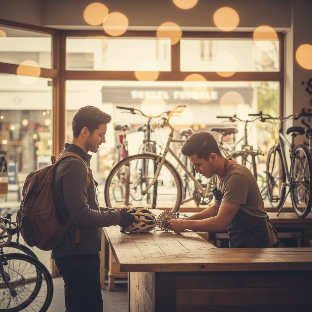 Bike rental shop counter with customer returning gear