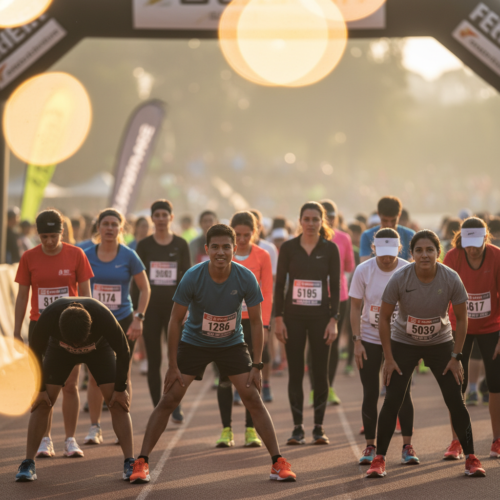 Race start line with runners wearing bibs in morning light