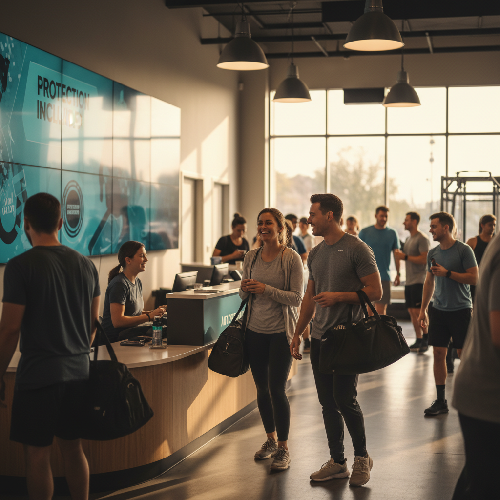 Thriving fitness business with happy members and prominent safety messaging