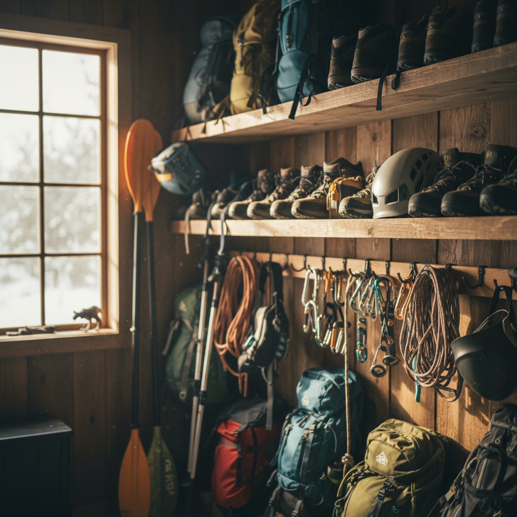 Outdoor adventure gear room with seasonal equipment stored