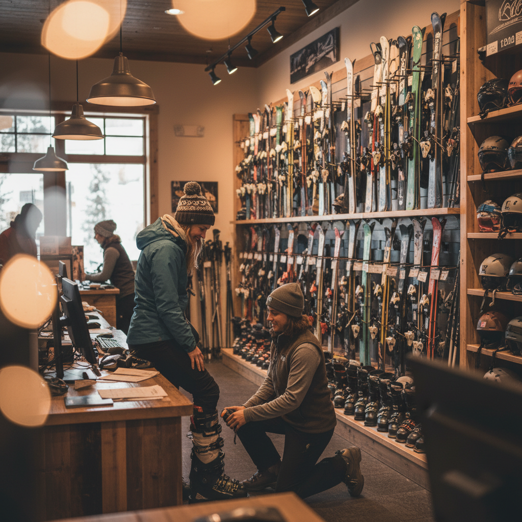 Ski rental counter with wall of skis and boots behind