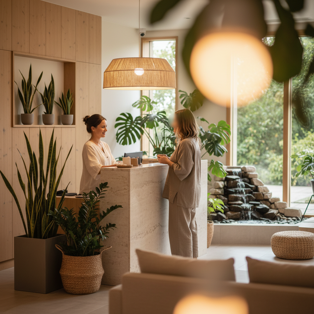 Wellness center reception area with calm serene atmosphere