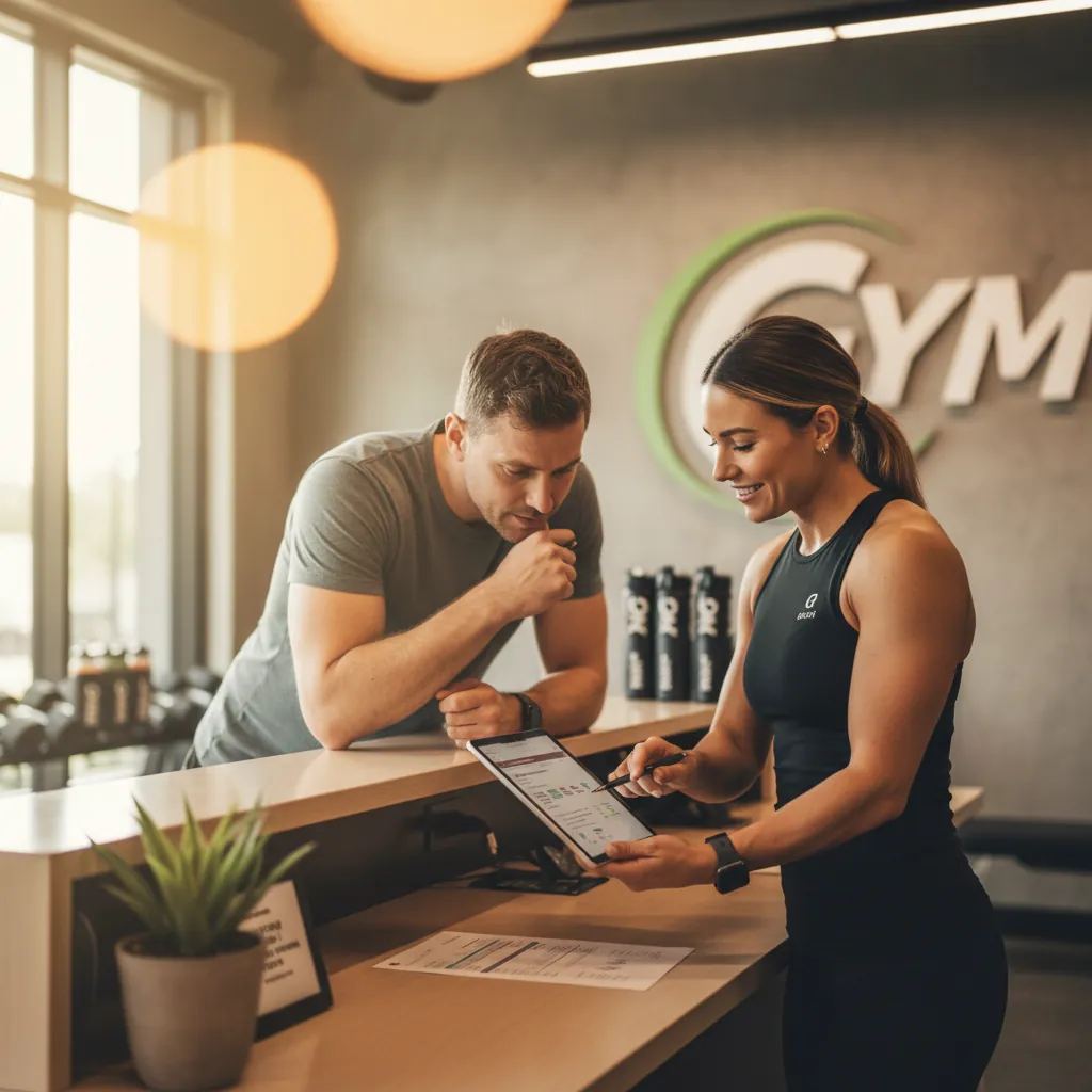 Fitness instructor and participant reviewing coverage details on a tablet in a gym