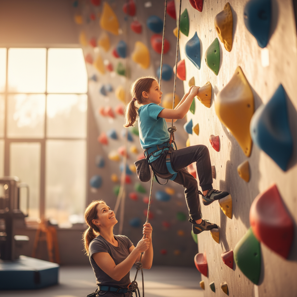 Youth climbers on colorful wall with instructor belaying
