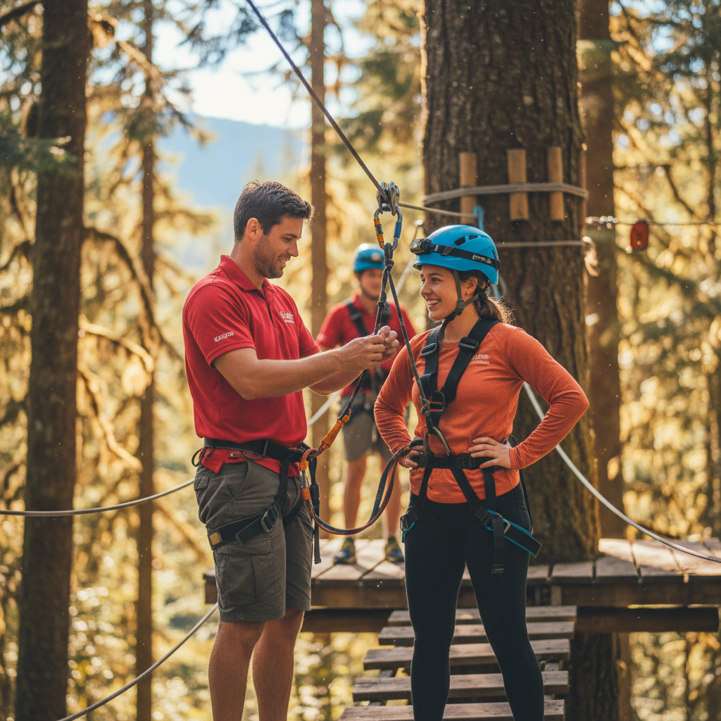 Zip line course through forest with participant soaring over the treetops